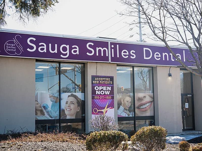 Sauga Smiles Dental storefront on Burnhamthorpe Road West in Mississauga