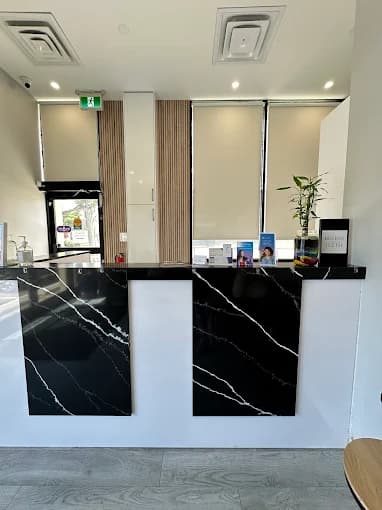 Close-up of the marble reception desk